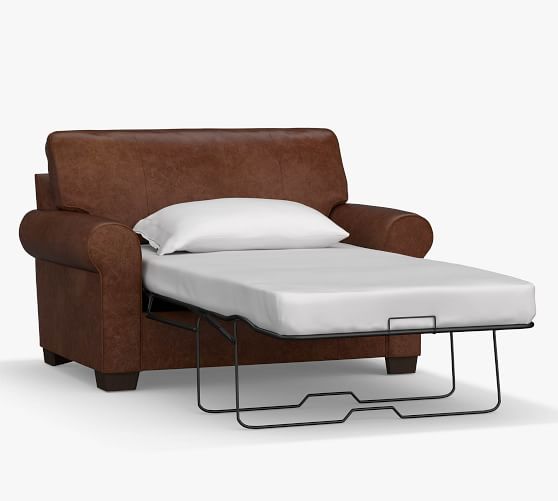 Buchanan Roll Arm Leather Twin Sleeper, Chair Bed Twin Sleeper And Storage Ottoman