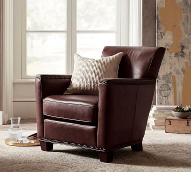 Irving Square Arm Leather Recliner, Brown Leather Swivel Chair Pottery Barn