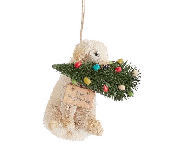 Pottery Barn Bottlebrush White Dog Christmas Ornament-Feliz Naughty Dog/Pupp-New 