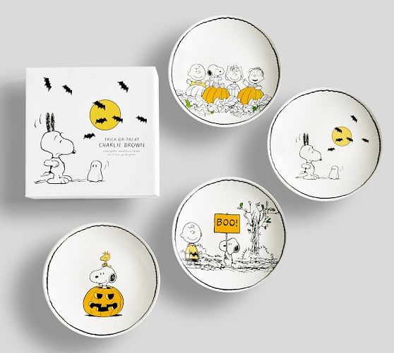 4 Pc Set POTTERY BARN Peanuts Snoopy & Woodstock Thanksgiving~Plate Cup Utensils 