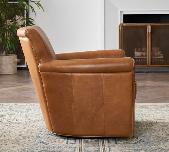 Irving Roll Arm Leather Swivel Armchair, Brown Leather Swivel Chair Pottery Barn