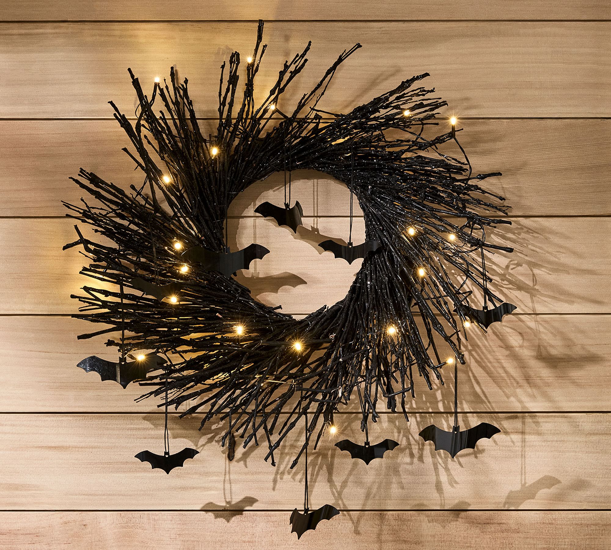 Pre-Lit Black Glitter Branch Wreath with Bats