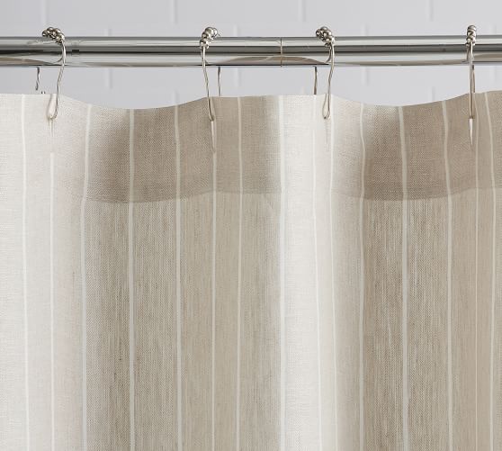 Belgian Flax Linen Striped Shower, Pottery Barn White Ruffle Shower Curtain