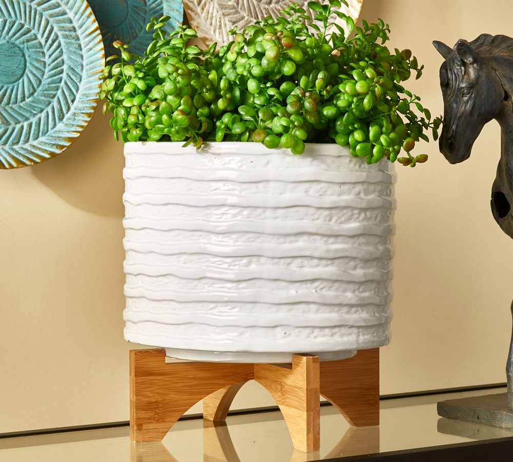 Kennedy Textured Ceramic Planter on Wooden Stand Pottery Barn
