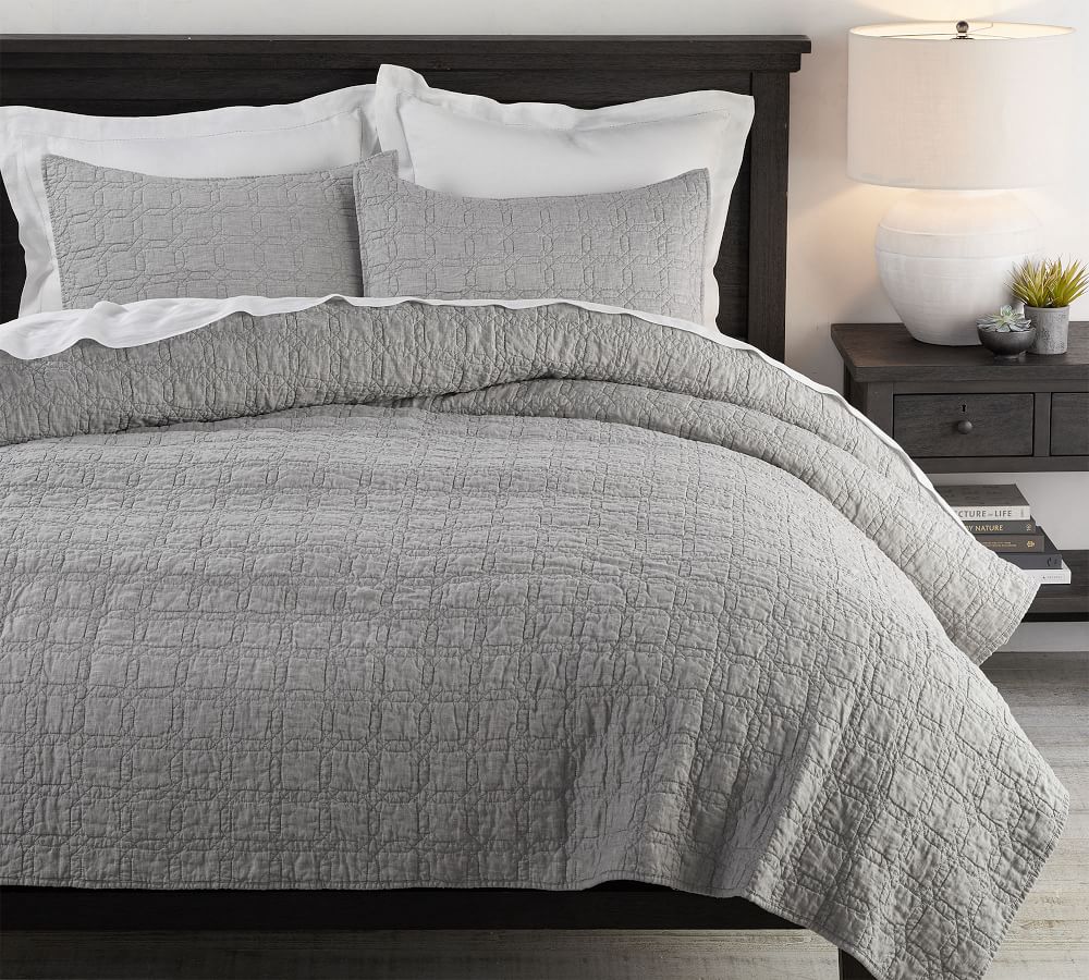 White Belgian Flax Linen Trellis Quilt & Sham | Pottery Barn