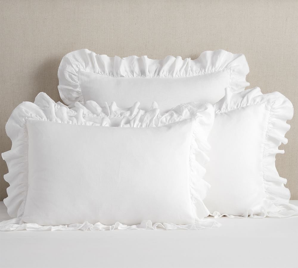 White Solid Pillow Sham 750 TC Egyptian Cotton Edge Ruffle Flange Multi Ruffle 