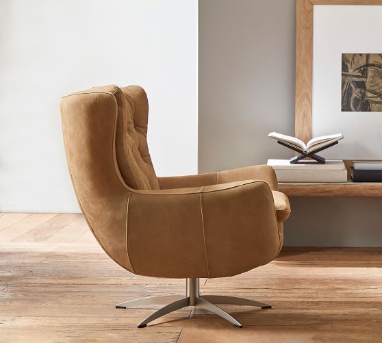 Wells Tufted Leather Swivel Armchair, Brown Leather Tufted Armchair