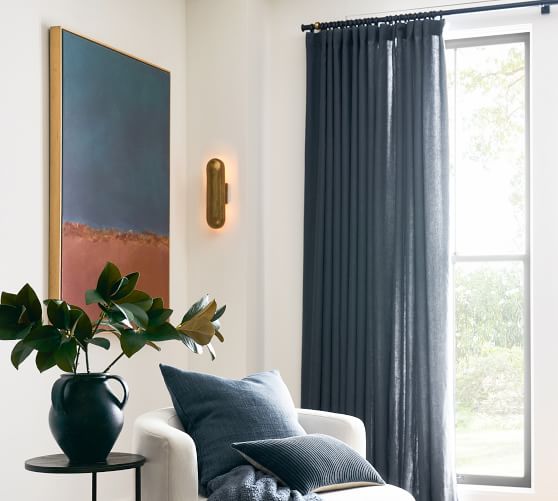 Pottery Barn Belgian Flax Linen Drape 50x84 3 in 1 Blackout Lining Blue Chambray for sale online 