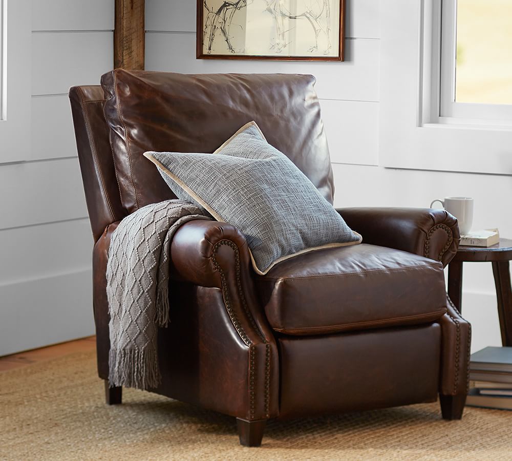 James Roll Arm Leather Recliner with Nailheads Pottery Barn