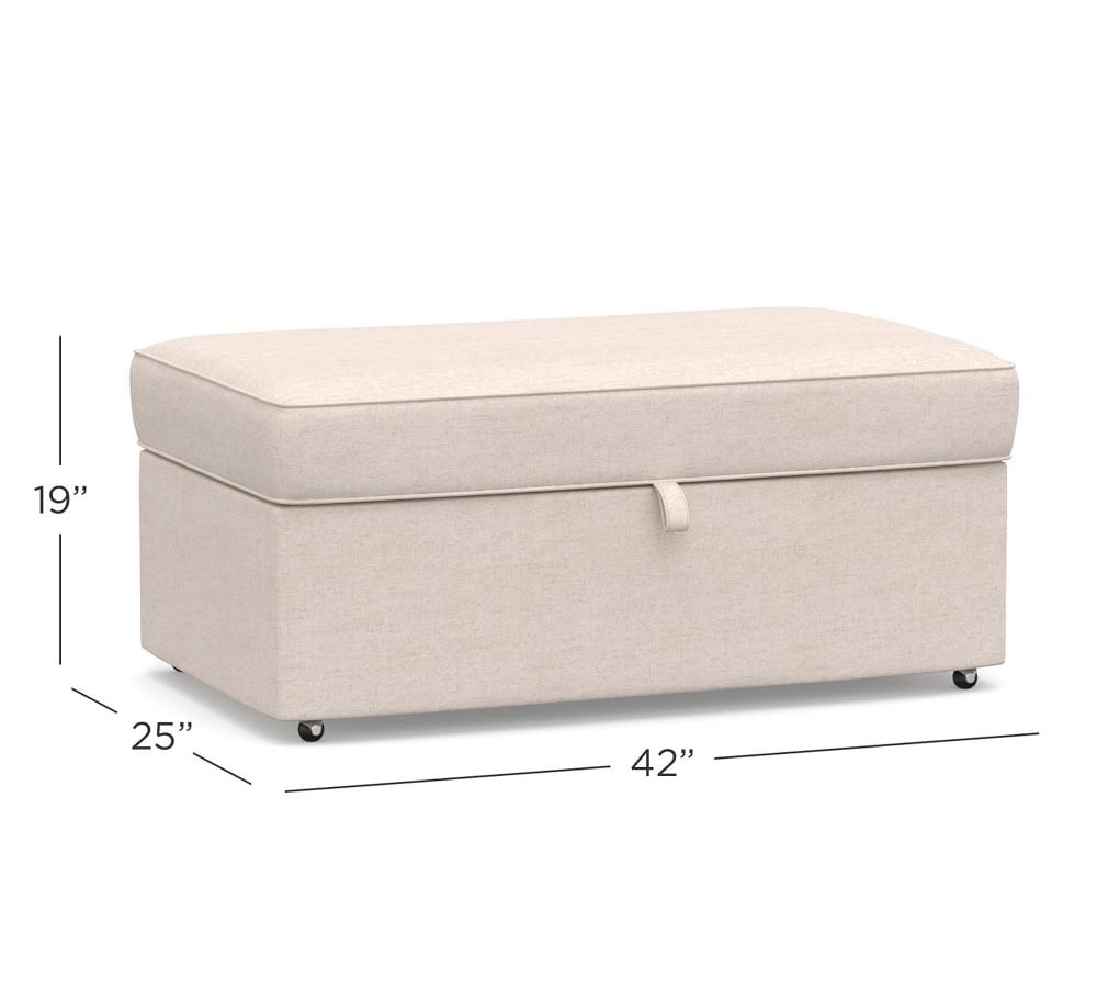 PB Comfort Upholstered Storage Ottoman with Pull Out Table | Pottery Barn