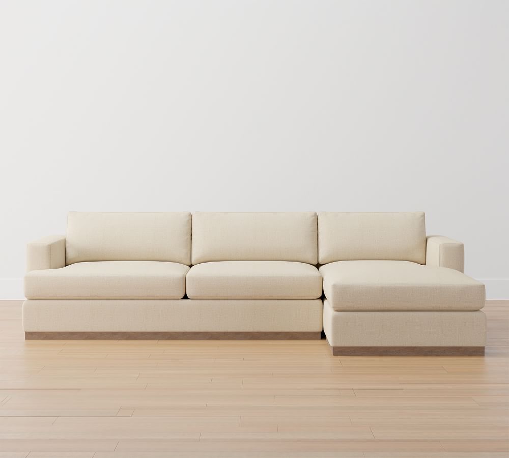 Carmel Recessed Square Arm Upholstered Sofa Chaise Sectional with Wood