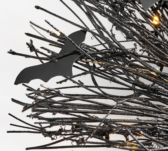 PreLit Black Glitter Branch Wreath with Bats Pottery Barn