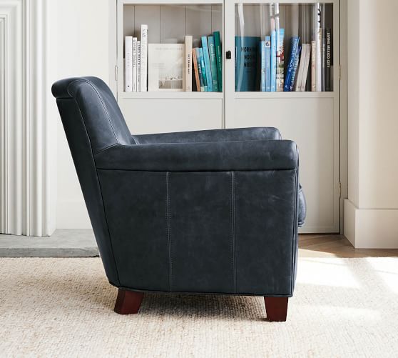 pottery barn blue leather chair