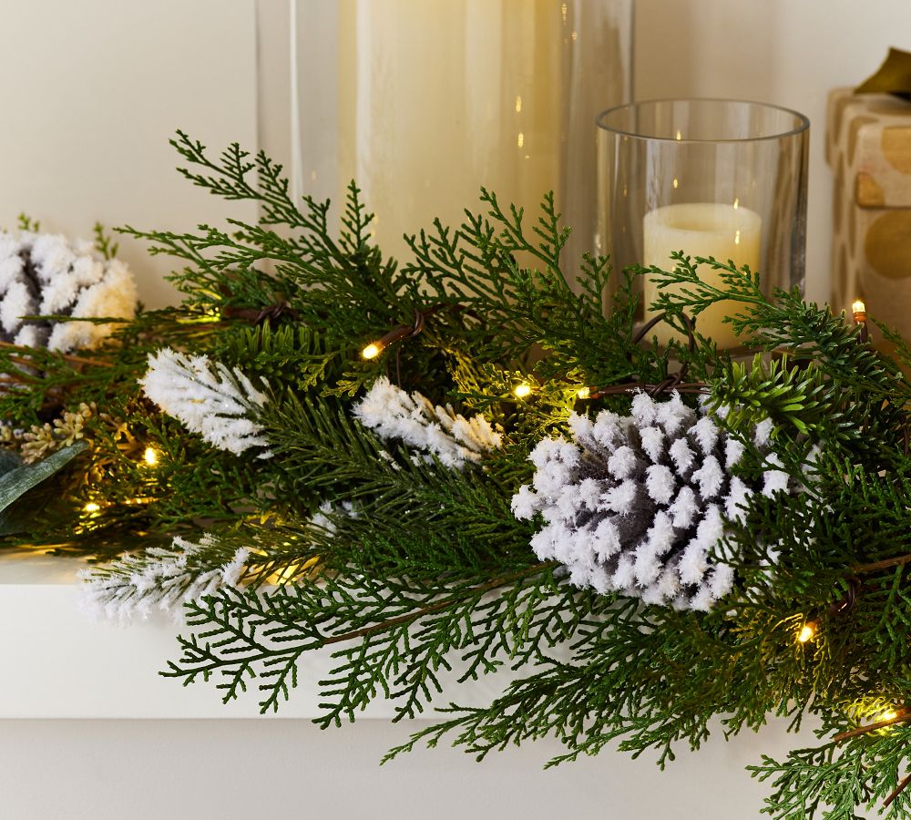 Pre-Lit Faux Frosted Greens & Pinecones Wreath & Garland | Pottery Barn