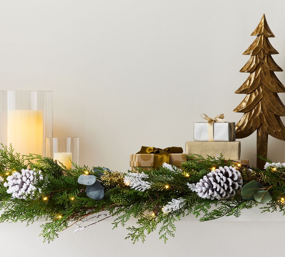 Pre-Lit Faux Frosted Greens & Pinecones Wreath & Garland | Pottery Barn