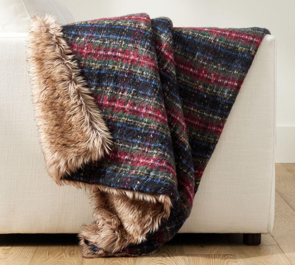 Stewart Plaid Faux Fur Back Throw | Pottery Barn