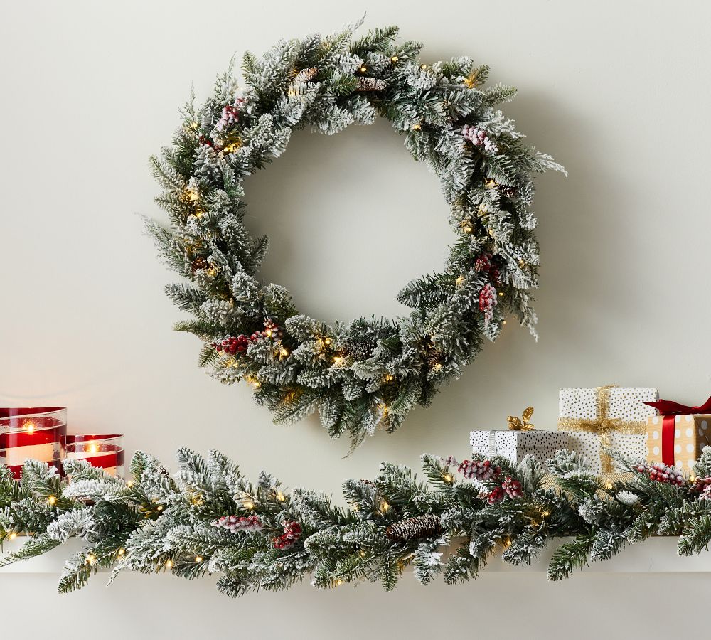 Pre-Lit Faux Frosted Pine and Berries Wreath & Garland | Pottery Barn