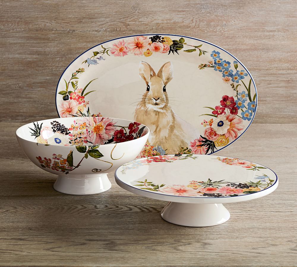 Floral Bunny Stoneware Serving Platter Pottery Barn