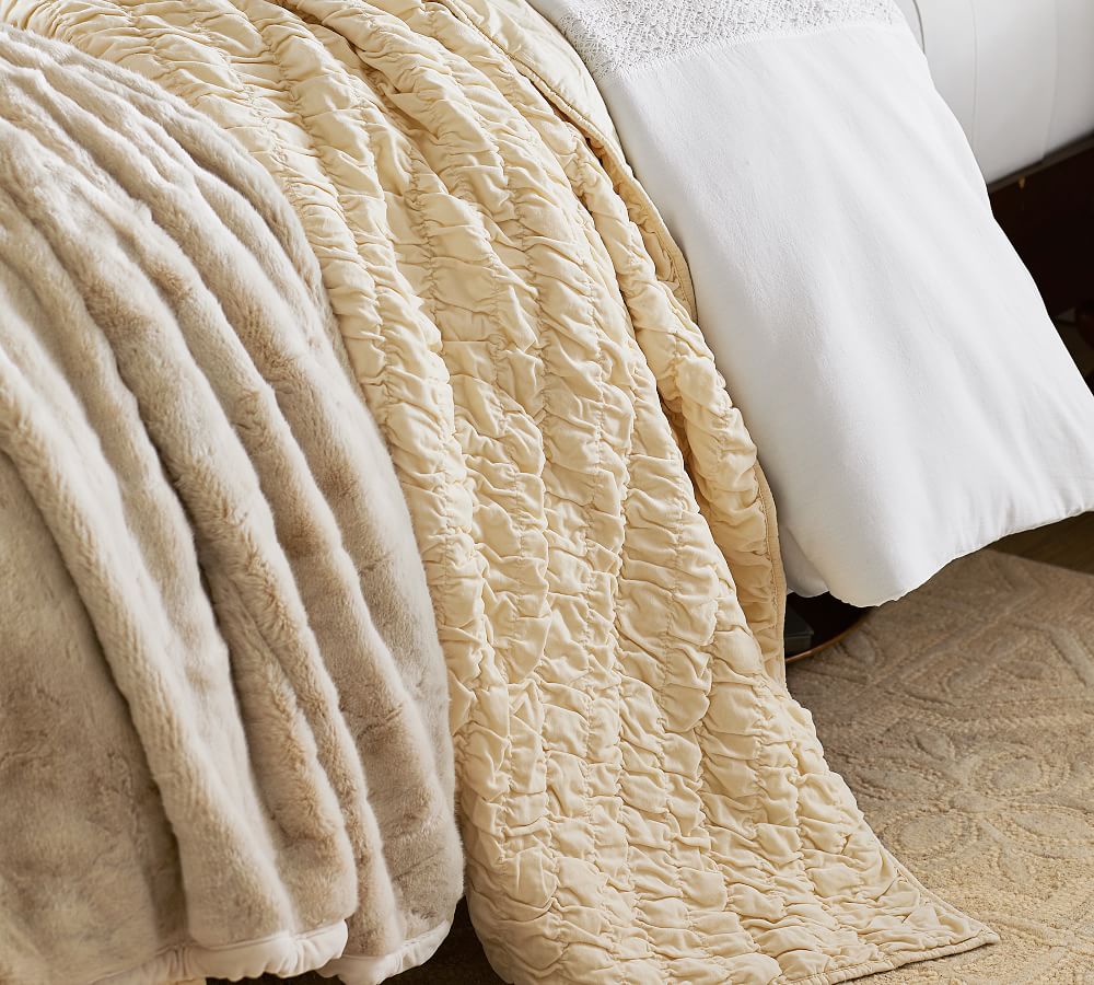 Ivory Ruched Velvet Coverlet & Sham Pottery Barn