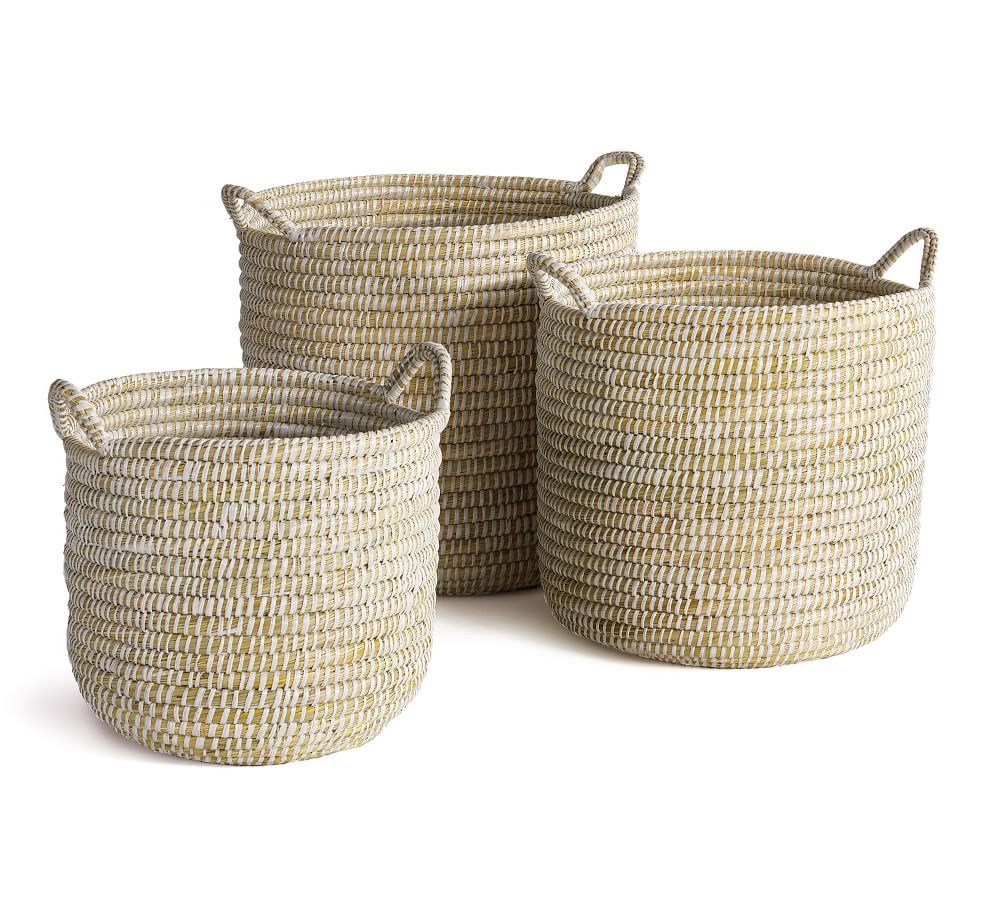 Dahlia White Rivergrass Handled Baskets, Set of 3 | Pottery Barn