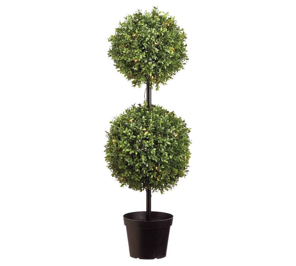 Faux Boxwood Double Ball Topiary Tree With LED Lights, 37" | Pottery Barn