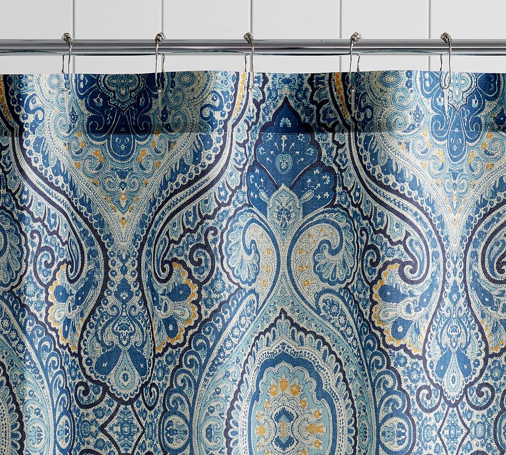 Pottery Barn Marlo Shower Curtain Blue 72x72” Fretwork Geometric Moroccan Marlow 