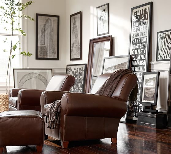 pottery barn leather chair and ottoman