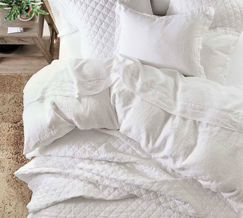 White Belgian Flax Linen Diamond Quilt & Sham Pottery Barn