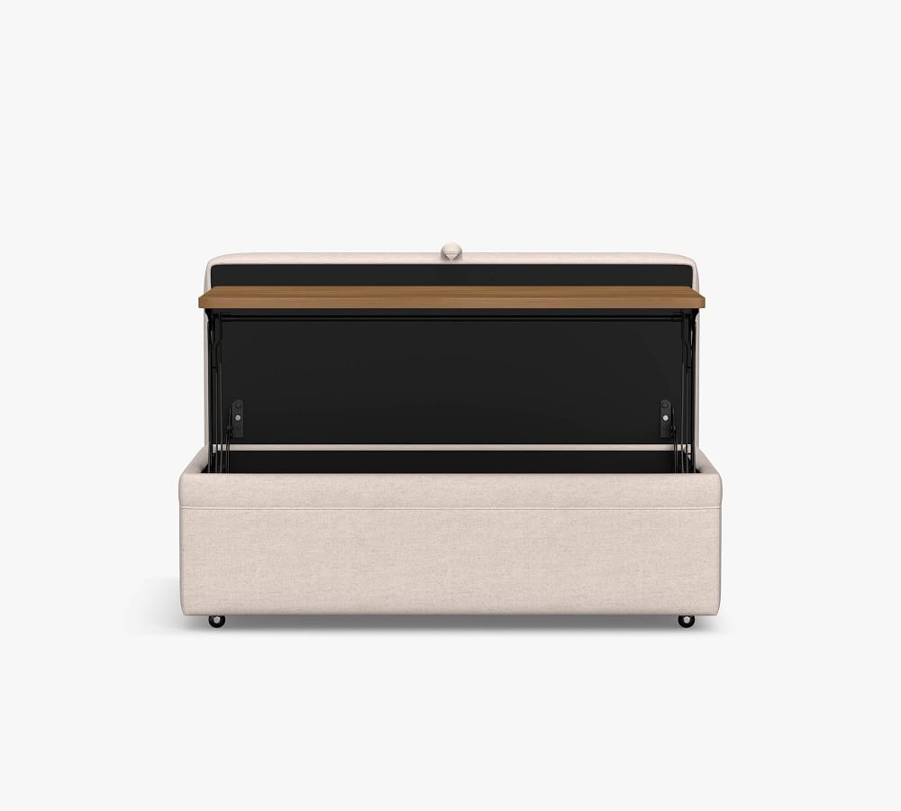 Pearce Upholstered Storage Ottoman with Pull Out Table Pottery Barn