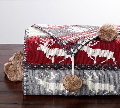 Pottery Barn Fair Isle Reindeer Knit Fur Pom Pom Throw Blanket Christmas Gray 