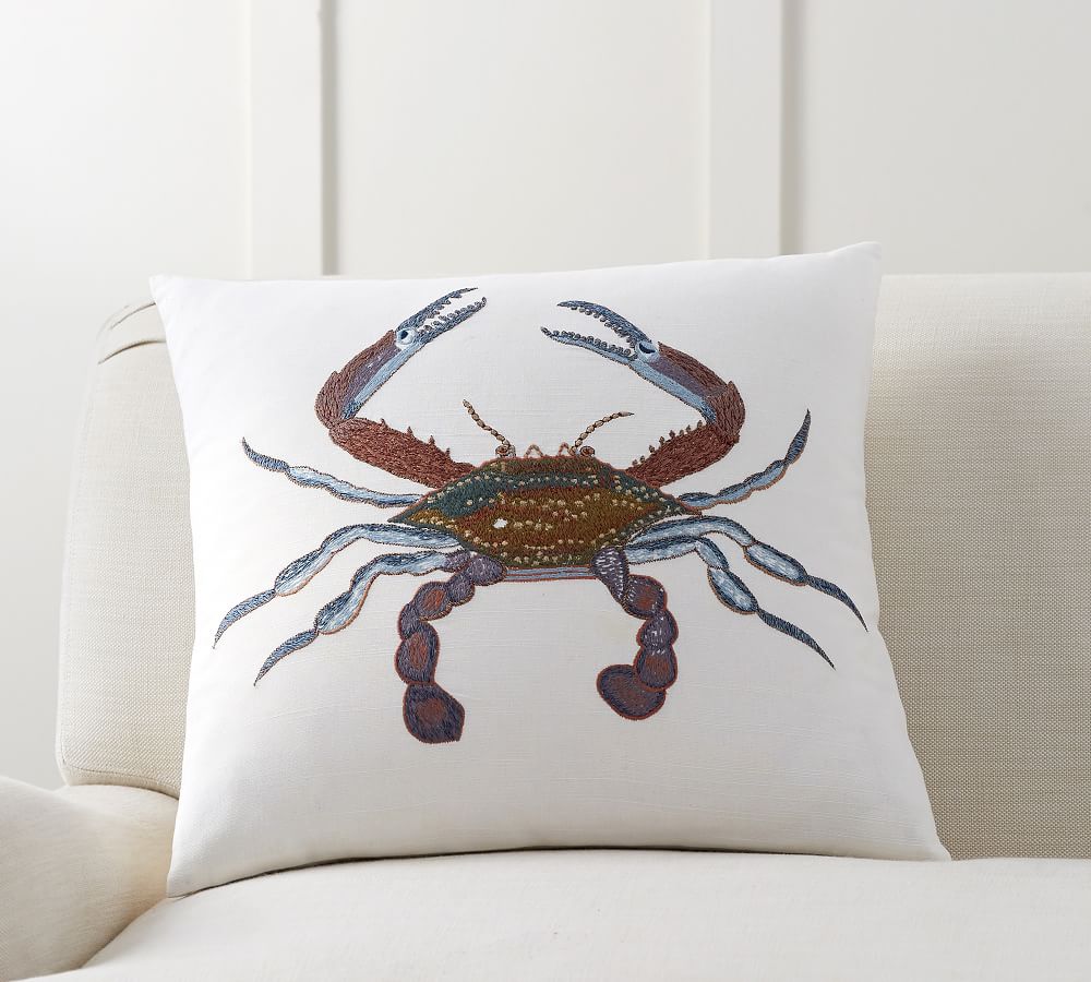 Pottery Barn Crab Embroidered Pillow Cover 20x20 NWT Beach Sealife Coastal White 