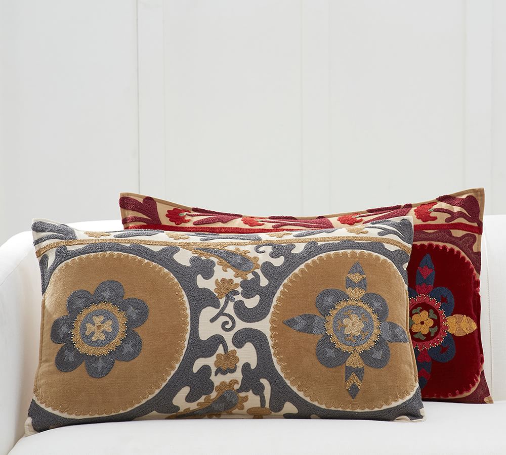 Suzani Appliqué Embroidered Lumbar Decorative Pillow Cover Pottery Barn