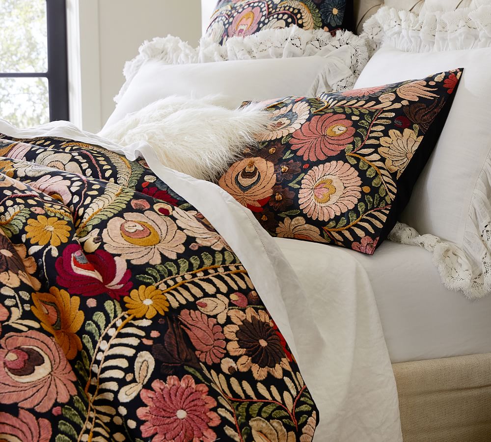 Helena Embroidered Floral Percale Patterned Duvet Cover & Sham Pottery Barn
