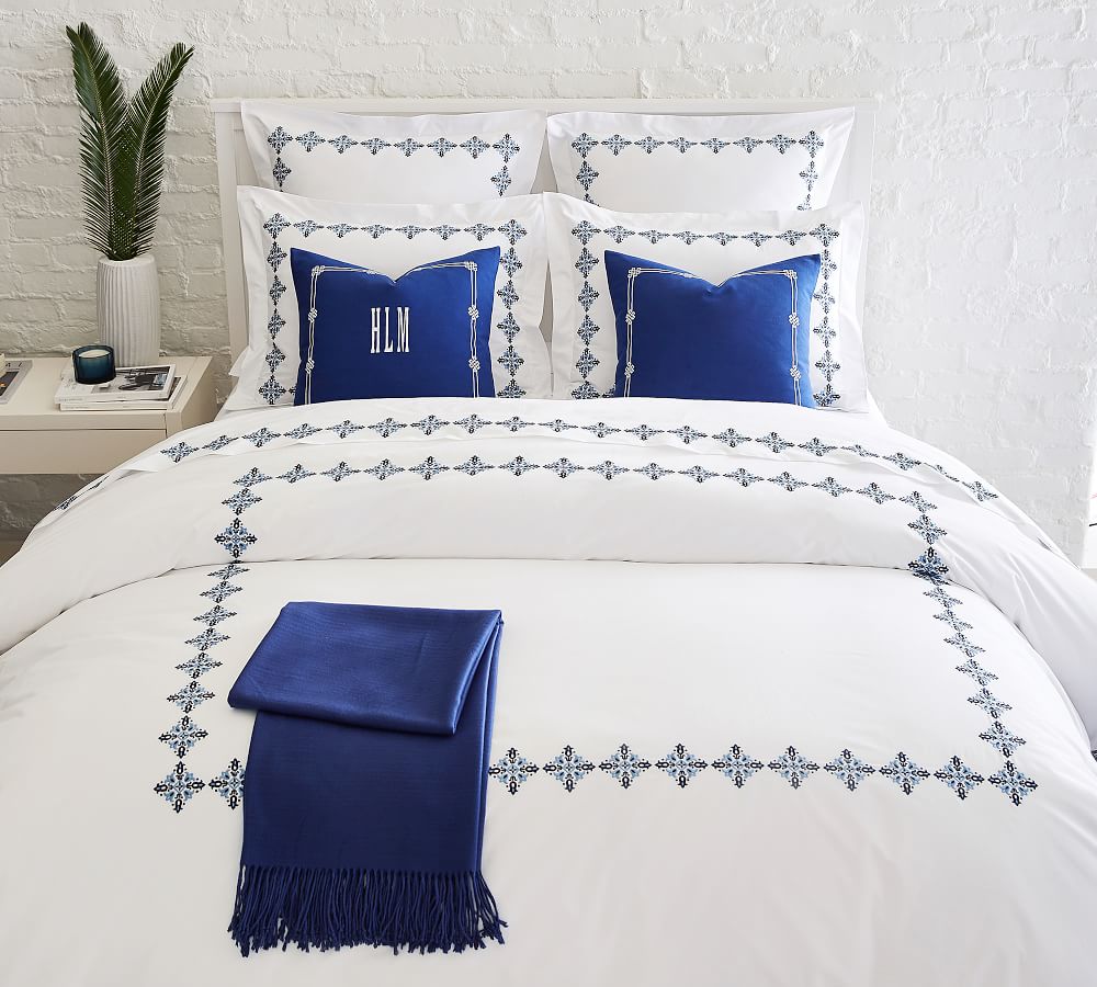 blue embroidered duvet