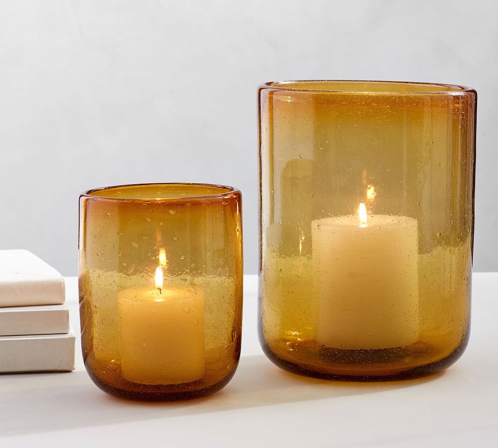 Recycled Bubble Glass Hurricane Candle Holder - Amber | Pottery Barn