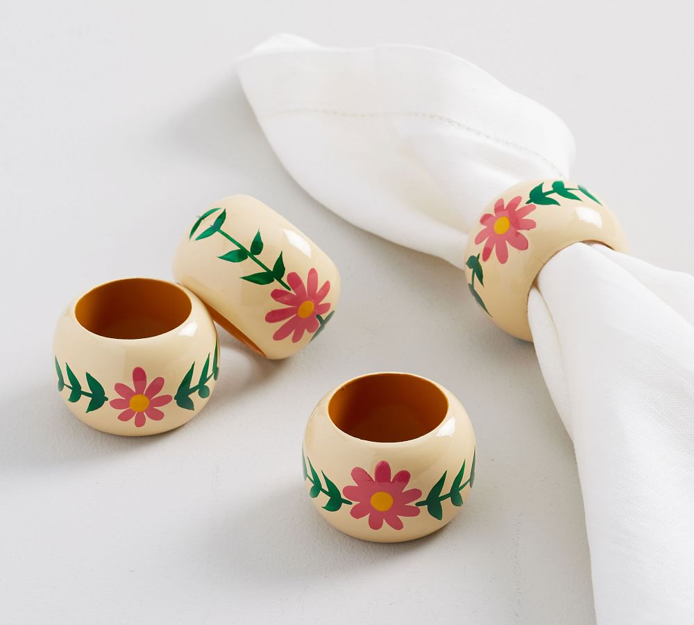 Painted Floral Mango Wood Napkin Rings, Set of 4 Pottery Barn