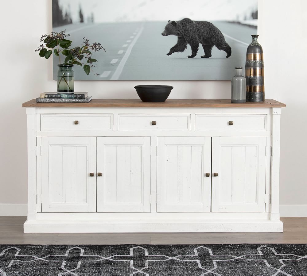 white buffet table with wood top