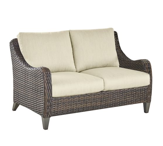 outdoor brown wicker loveseat