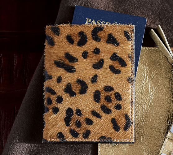 Pottery Barn Pony Hair Passport Leather Wallet  Brown Leopard Print NEW ! 