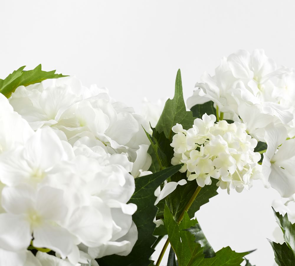 Faux Snowball Hydrangea Flower Arrangement In Wood Planter Pottery Barn