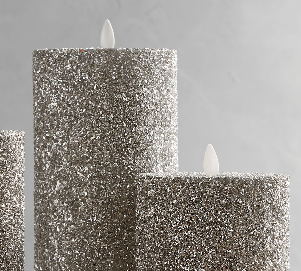 Premium Flicker Flameless German Glitter Pillar Candle Silver