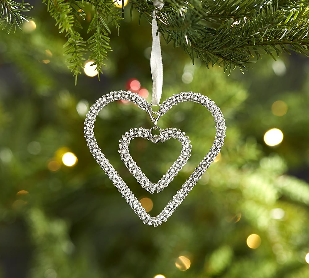 Double Hanging Beaded Heart Christmas Ornament Pottery Barn