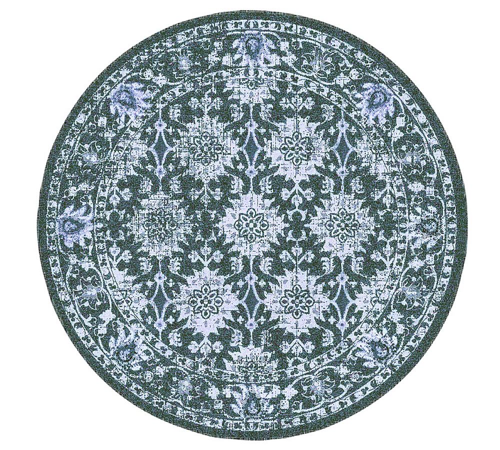Navy Vintage Floral 7'10" Round Synthetic Easy Care Rug