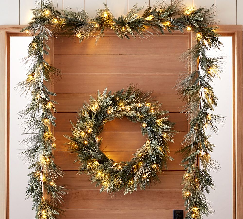 PreLit Faux Flocked Pine Wreath & Garland Pottery Barn