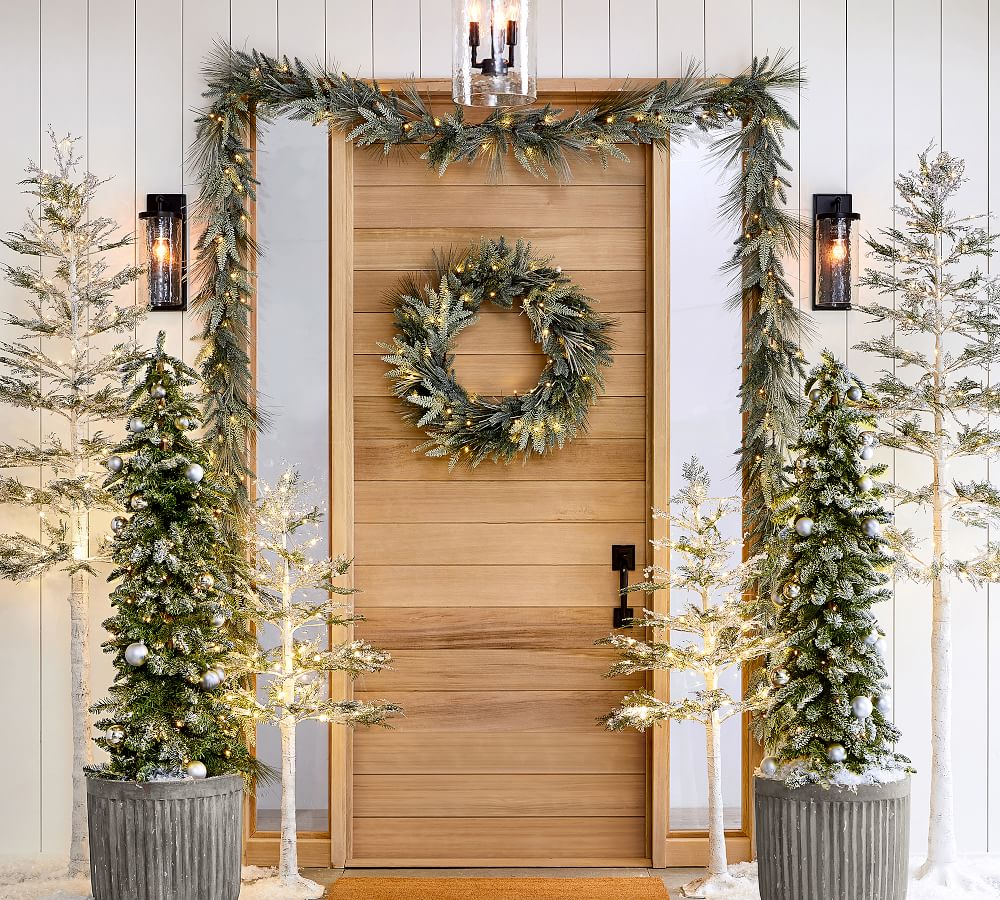 PreLit Faux Flocked Pine Wreath & Garland Pottery Barn