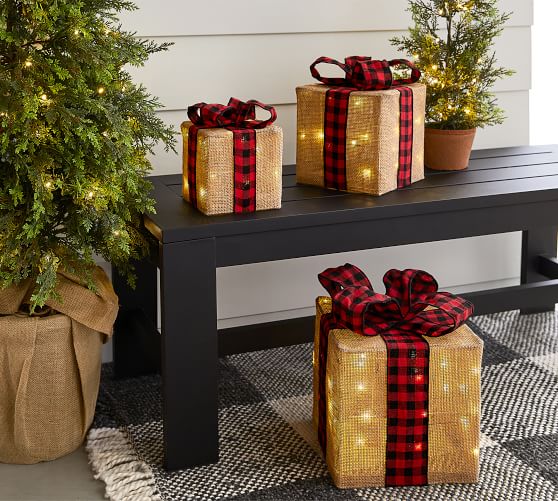 Pre-Lit Burlap Presents - Set of 3