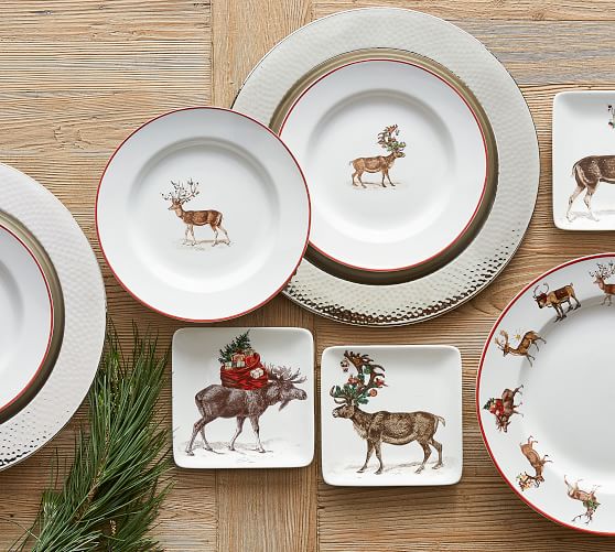 KIG Exclusives Harman 8 Red Buffalo Check Gold Stag Deer Holiday Ceramic Dessert Plates Set of 4 