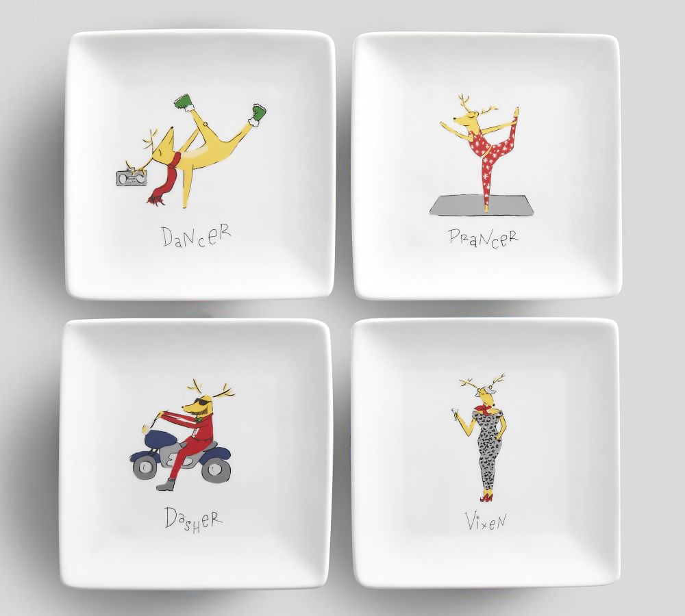 Santa's Reindeer Porcelain Square Appetizer Plates Set of 4 Pottery