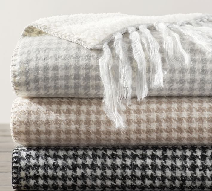 Houndstooth Sherpa Back Fringe Throws Pottery Barn
