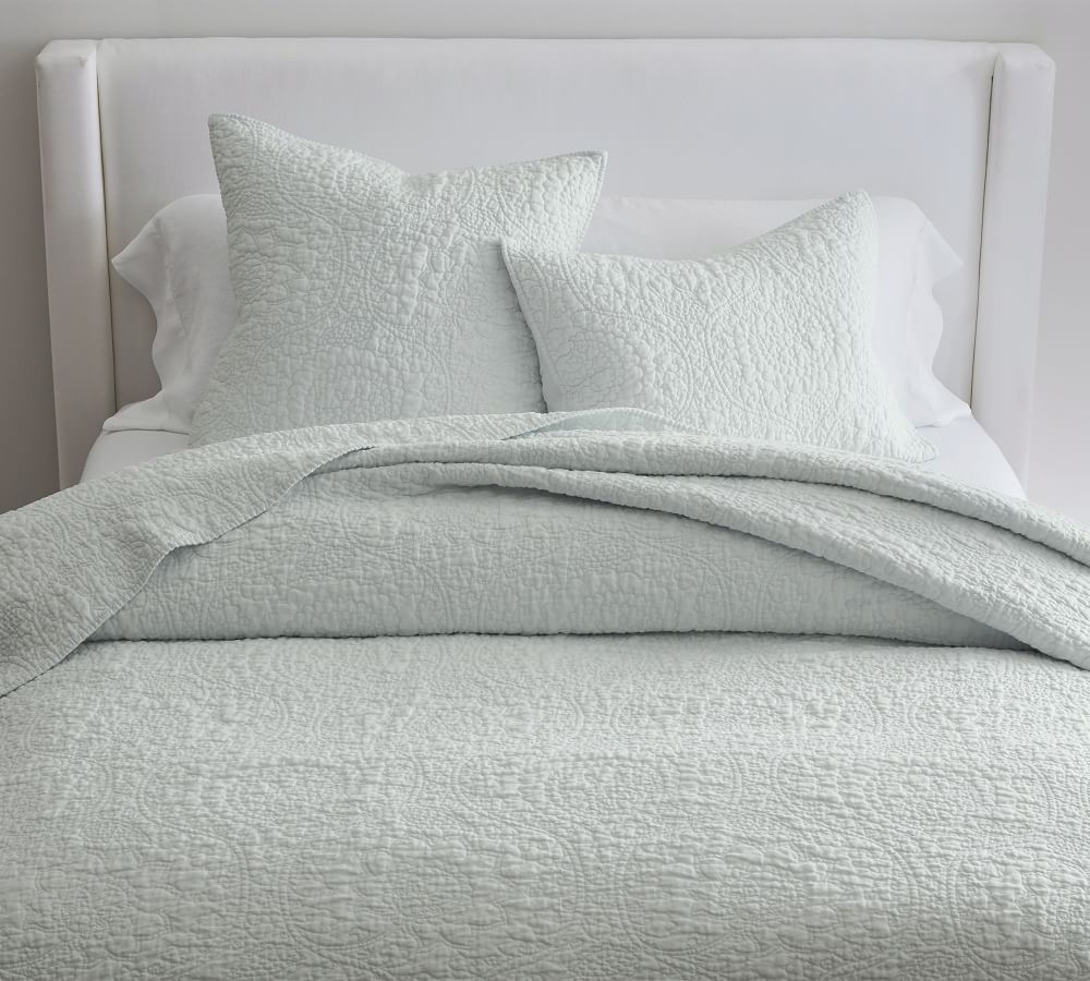 White Belgian Flax Linen Floral Stitch Quilt & Sham | Pottery Barn